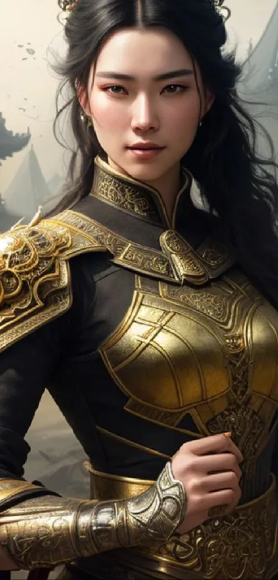 Epic fantasy warrior in gold armor with a historical backdrop.