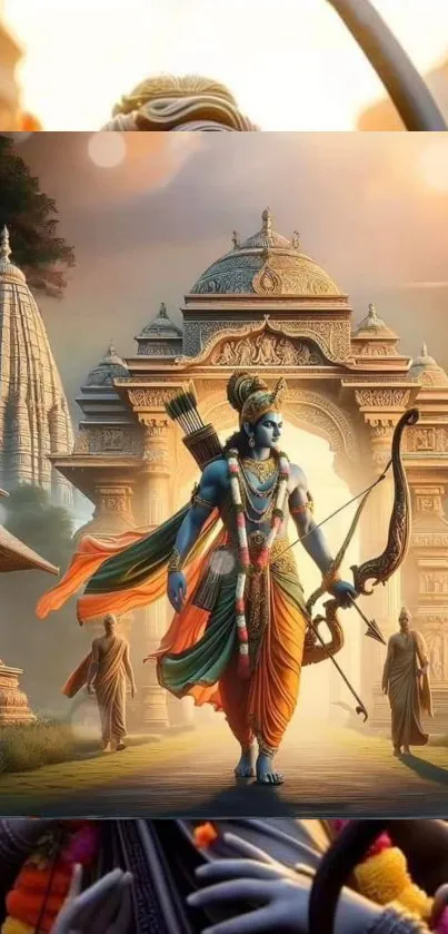 Epic warrior in vibrant attire with a temple background.