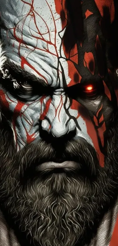 Epic warrior with red accents and intense gaze on a mobile wallpaper.