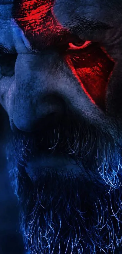 Epic warrior mobile wallpaper with red stripe and blue hues highlighting fierce expression.