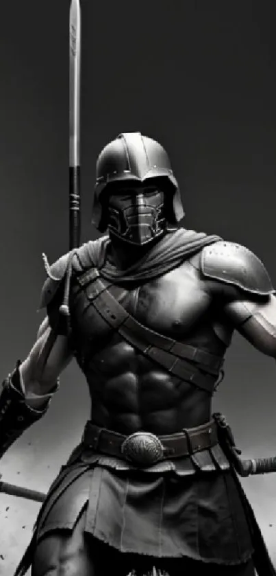 Armored warrior holding spear in epic grayscale scene.