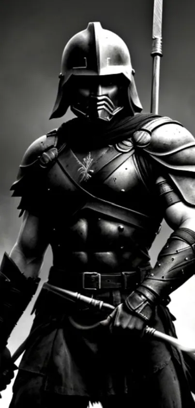 Epic warrior in black armor with spear on dark-themed mobile wallpaper.