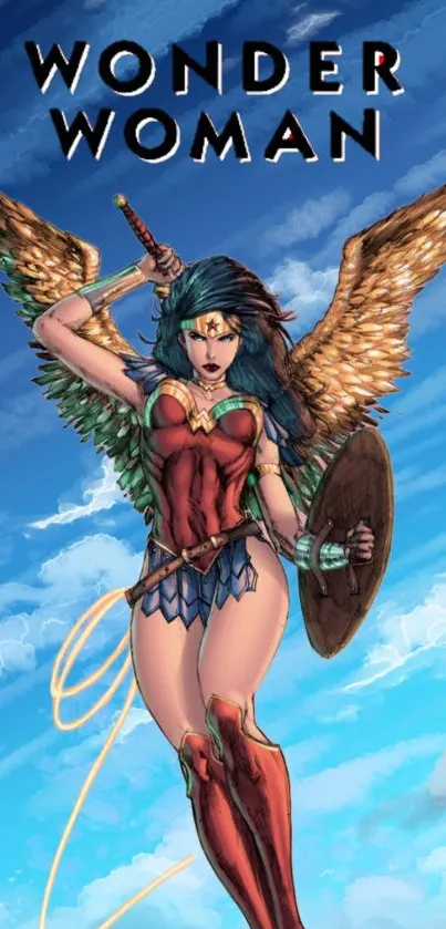 Wonder Woman in action with sword, shield, and wings against a blue sky.