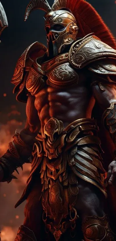 Epic warrior in detailed armor with fiery background.