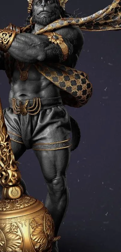 Epic warrior statue with golden details on a dark background.