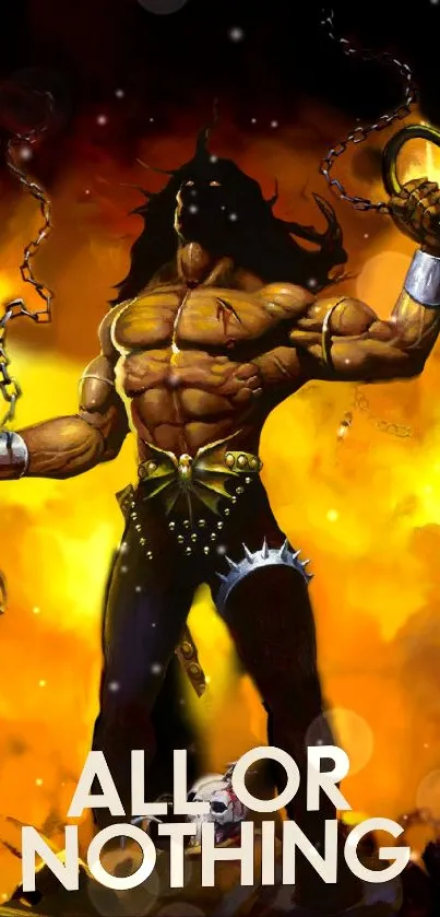 Epic fantasy warrior with chains and hammer on fiery background.