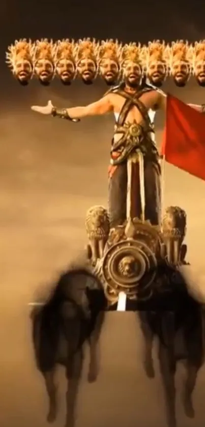 Epic warrior with multiple heads on a chariot, holding a red flag.