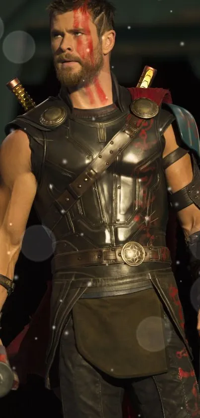 Epic warrior in battle armor with a dark green background for mobile wallpaper.