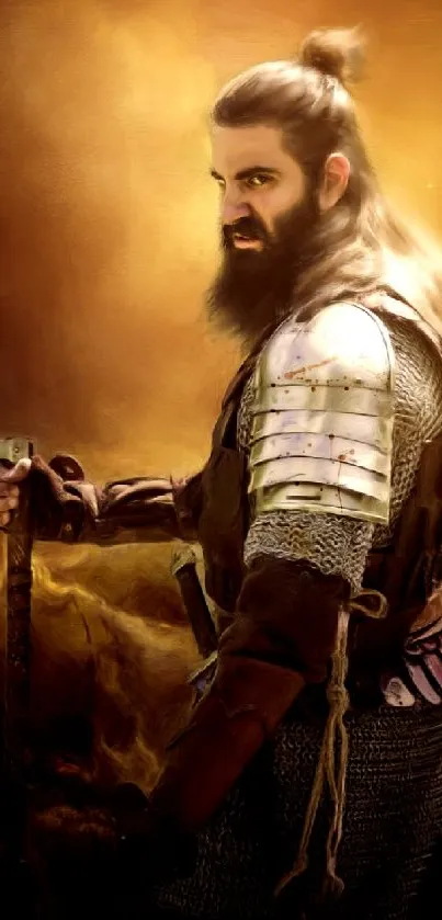 Epic bearded warrior with armor, fiery background.