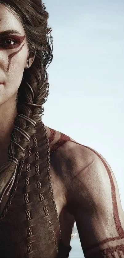 Epic warrior with tribal paint and braided hair on a mobile wallpaper background.