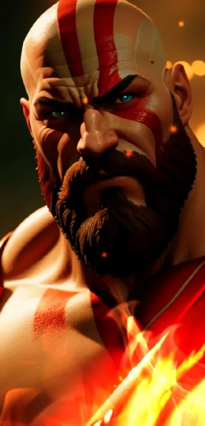 Fierce warrior with fiery red theme on mobile wallpaper.