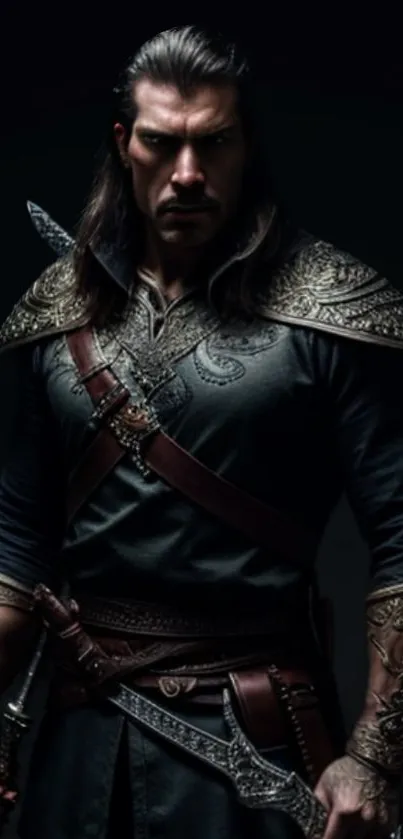 Epic warrior in medieval armor on dark background.