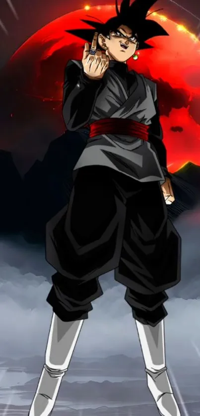 Anime warrior poses under a red moon, exuding bold and epic vibes on mobile screen.