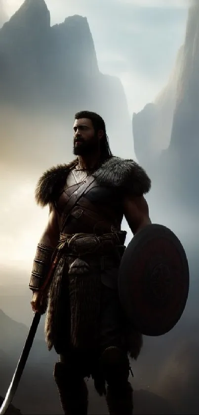 Epic warrior stands in a mountainous landscape with sword and shield.