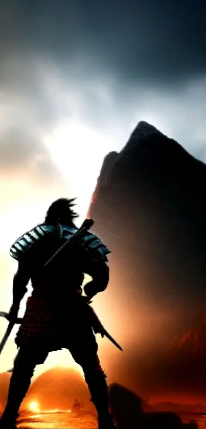 Silhouetted warrior against a mountain sunrise.