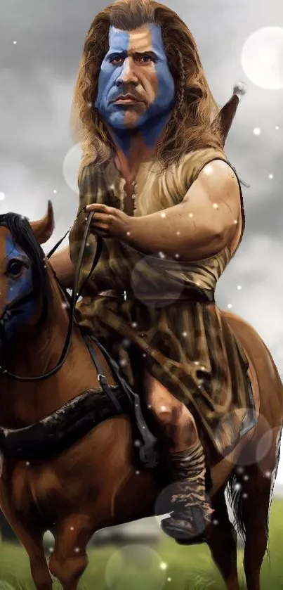 Epic warrior with blue face paint riding a horse in a cloudy landscape.