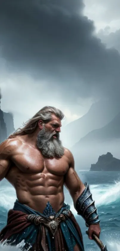 Epic warrior standing by stormy ocean with mountains and waves.