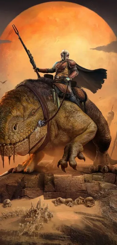 Warrior on a giant beast under an orange sunset in fantasy artwork.