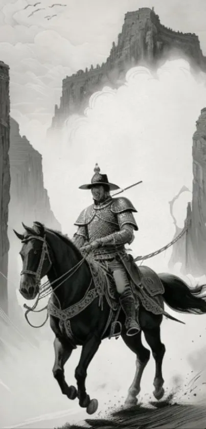 Epic grayscale mobile wallpaper with warrior on horse in canyon.