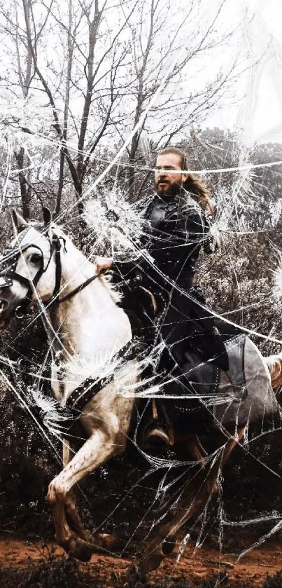 Warrior in battle gear riding a white horse through a forest landscape.