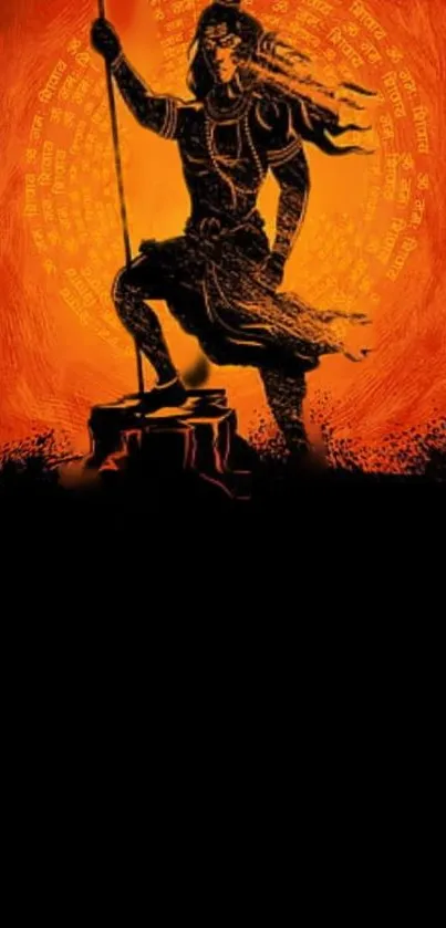 Epic warrior silhouette on vibrant orange background, mobile wallpaper art.