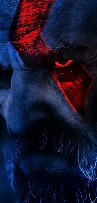 Intense warrior face with red details and blue tones for phone wallpaper.