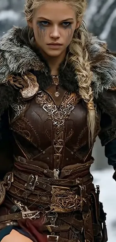 Epic warrior woman in intricate armor in snowy landscape.