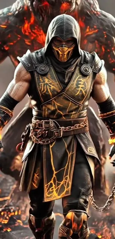 Epic warrior standing in fiery fantasy scene.