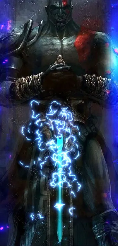 Epic warrior with glowing sword dark wallpaper.