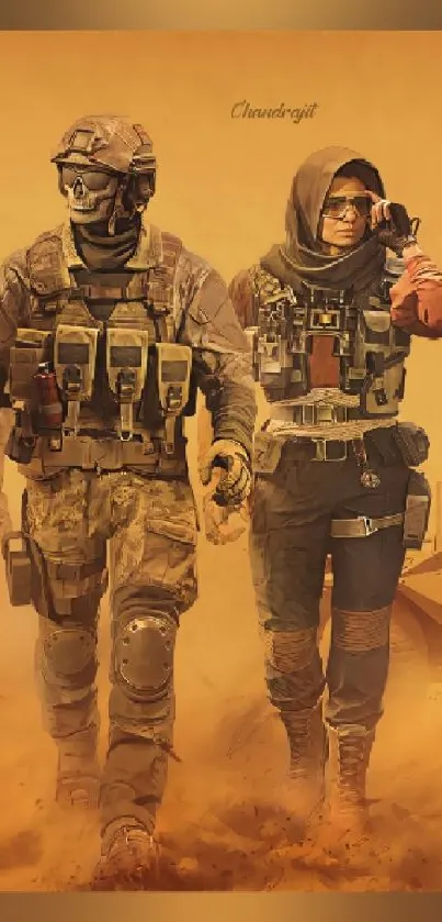 Two soldiers in tactical gear on a sand background wallpaper.