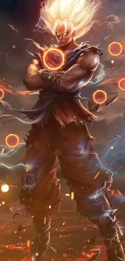 Epic warrior with fiery aura and lightning on phone wallpaper.