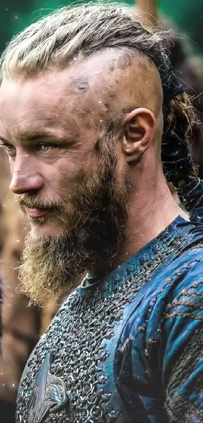 Close-up of a Viking warrior in detailed armor with a fierce gaze.