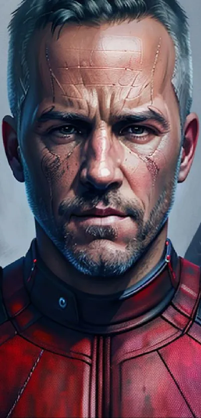 Intense warrior portrait with red armor and dramatic expression.