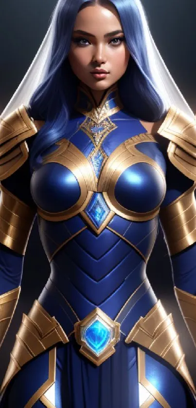 Warrior princess in blue and gold armor, fantasy art wallpaper.