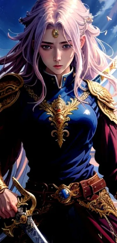 Warrior princess in ornate armor with vivid colors on a mobile wallpaper.