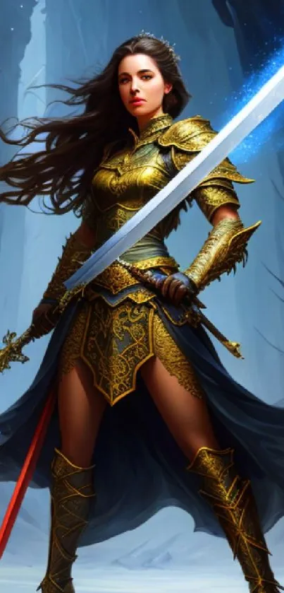 Warrior princess in golden armor with sword, fantasy wallpaper.