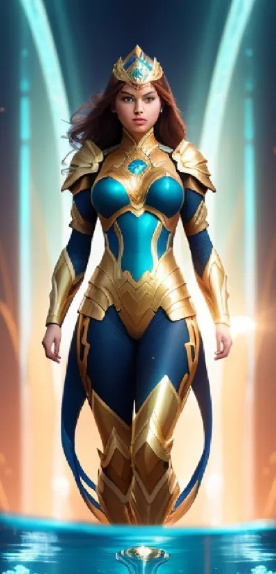 Fantasy warrior queen in blue and gold armor with glowing effects.