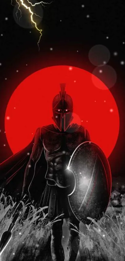 Spartan warrior under red moon with shield and lightning.