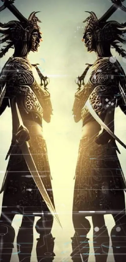 Two majestic warriors in armor reflected symmetrically against a glowing sky background.