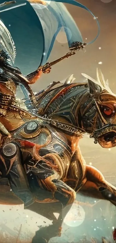 Epic fantasy warrior with wings rides a majestic, armored horse in a dynamic battle scene.