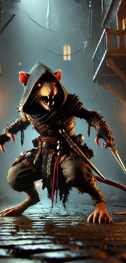 Fantasy warrior rodent in a dark alley with glowing red eyes and a hood.