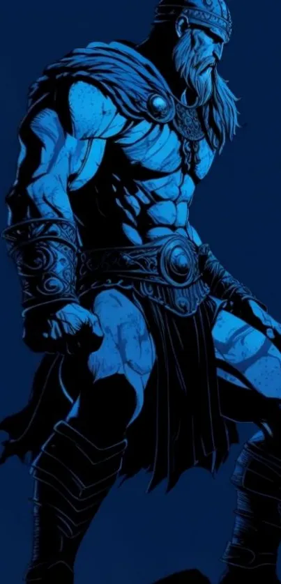 Dark blue silhouette of a mythical warrior in epic pose.