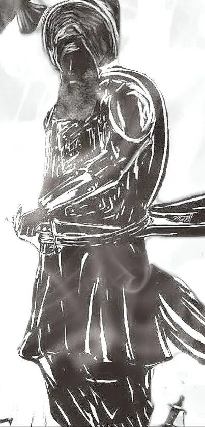 Silhouette of a traditional warrior in black and white art style.