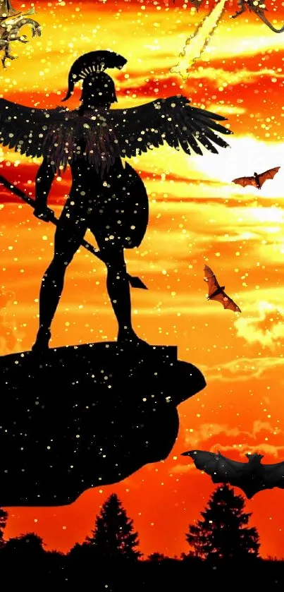 Warrior silhouette with wings against a vivid orange sunset and bats.