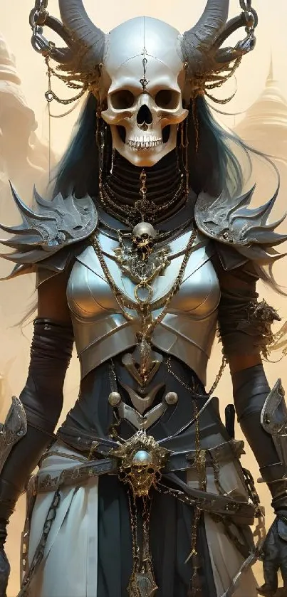 Epic skeleton warrior with armor and chains in gothic fantasy style.