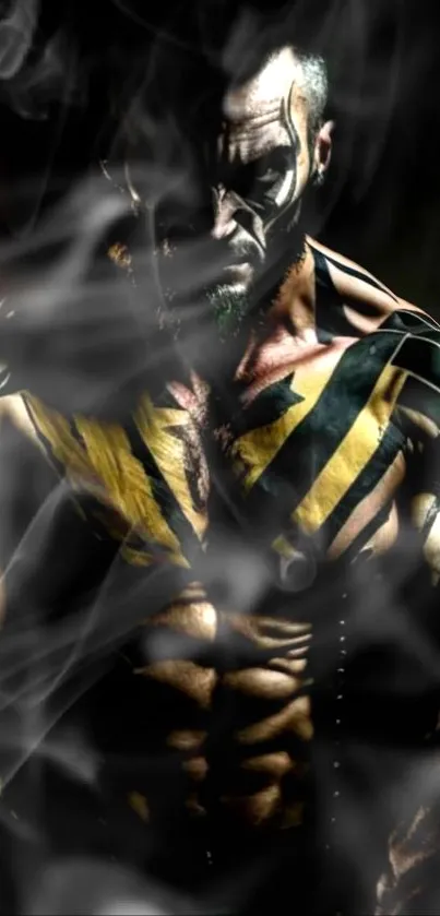 Muscular warrior in smoke with yellow and black body art wallpaper.