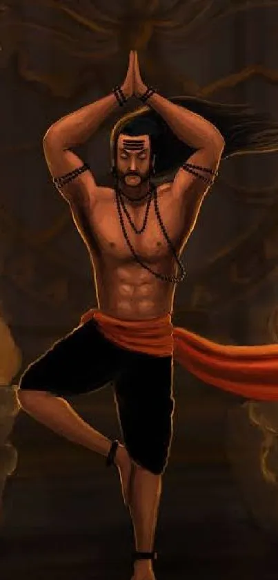 Warrior in yoga pose with flames, dark background.