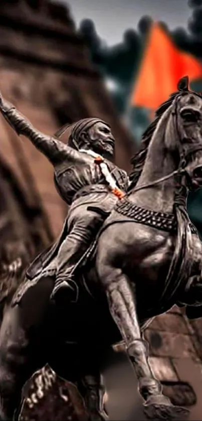 Detailed warrior statue on horseback with historical and artistic theme.