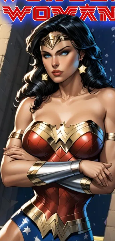 Epic superhero warrior woman illustration.