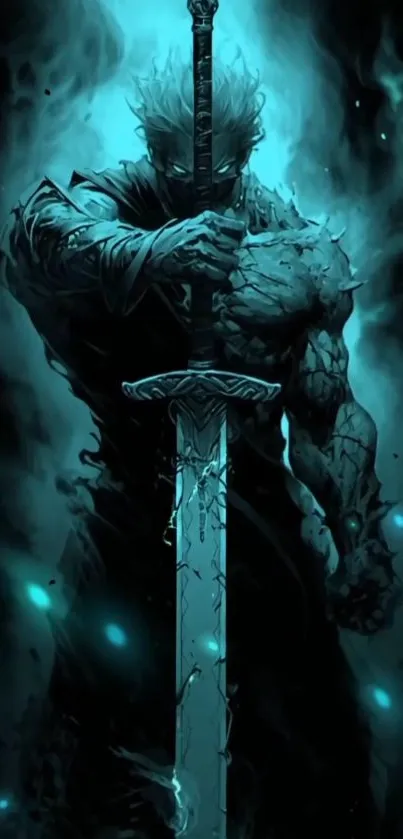 Epic warrior with sword in ethereal blue glow.